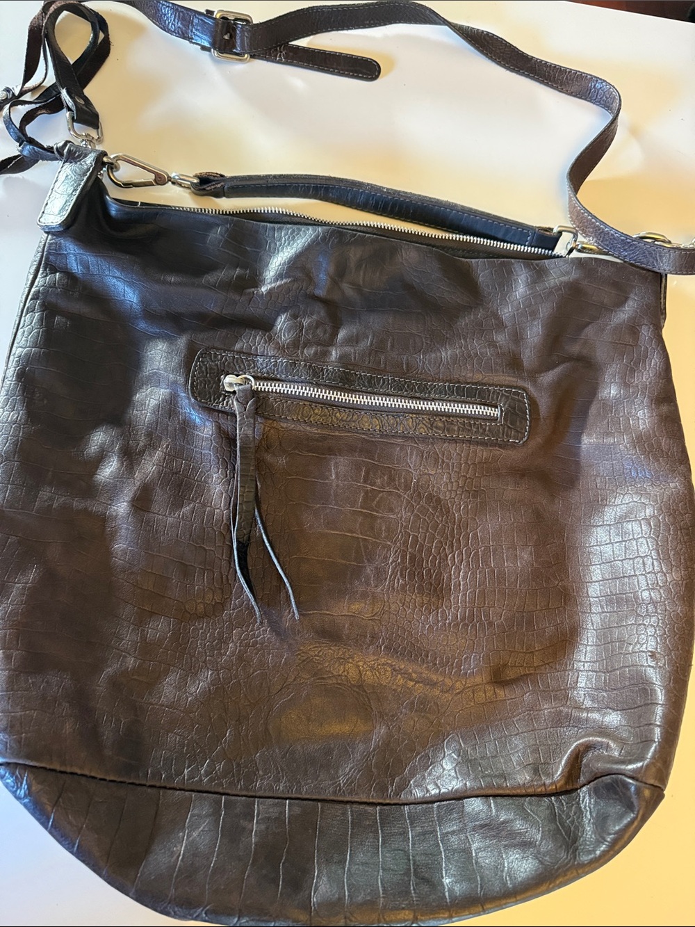 Brown Croc-Embossed Leather Crossbody Bag